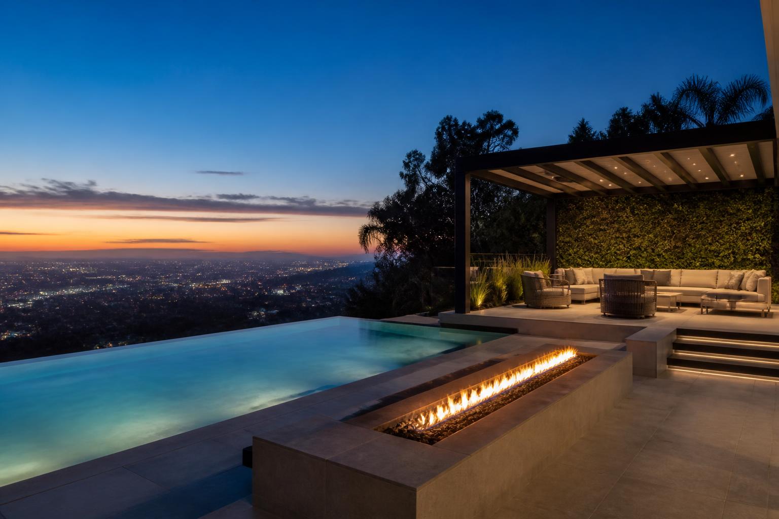 Illustrative design inspiration: blue-hour pool scene with infinity edge, warm underwater and architectural lighting, fire feature and pergola lounge with distant city glow