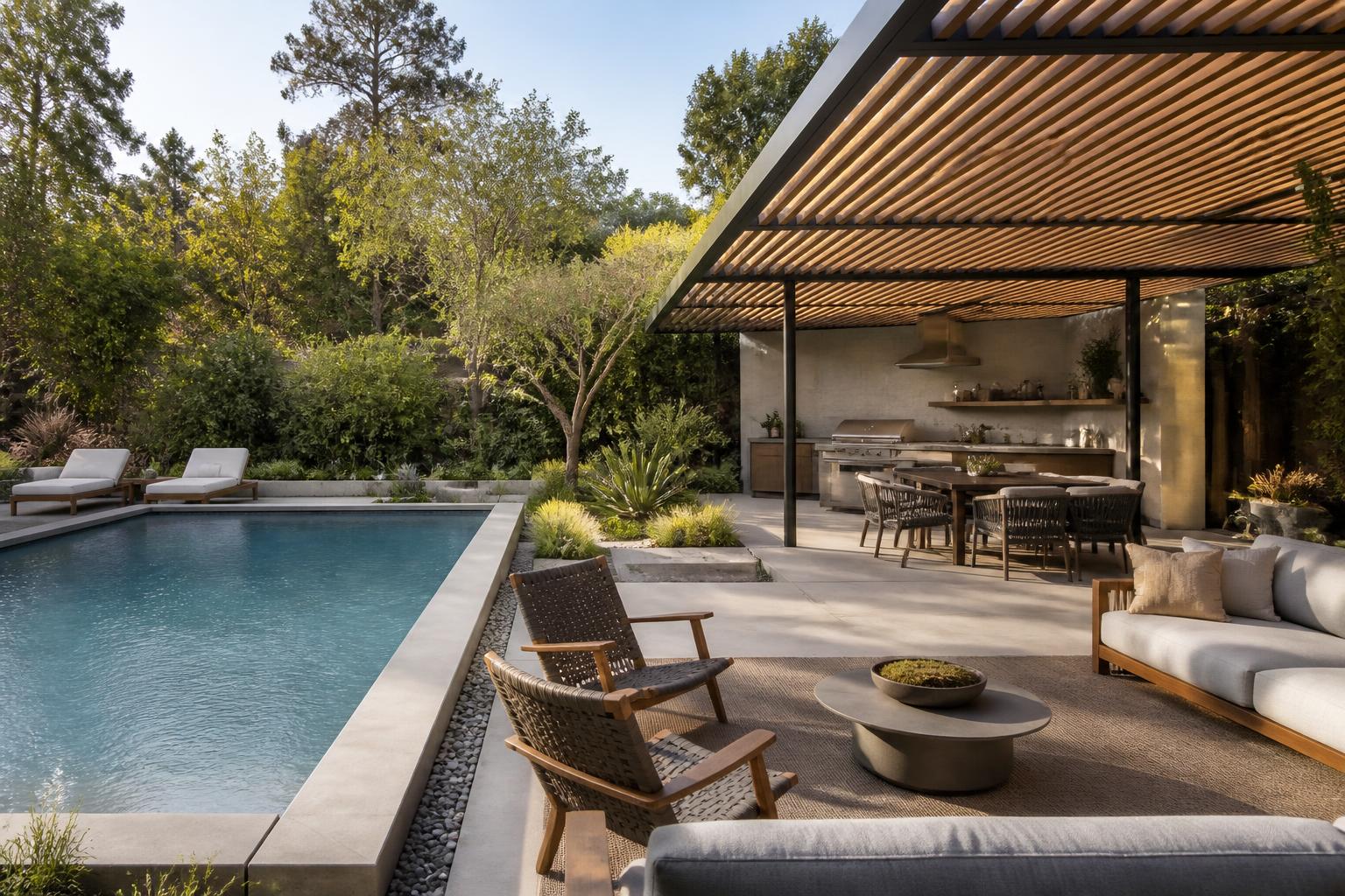 Illustrative design inspiration: full outdoor living project with rectilinear pool, slatted pergola, outdoor kitchen, dining area and lounge terrace with native landscaping
