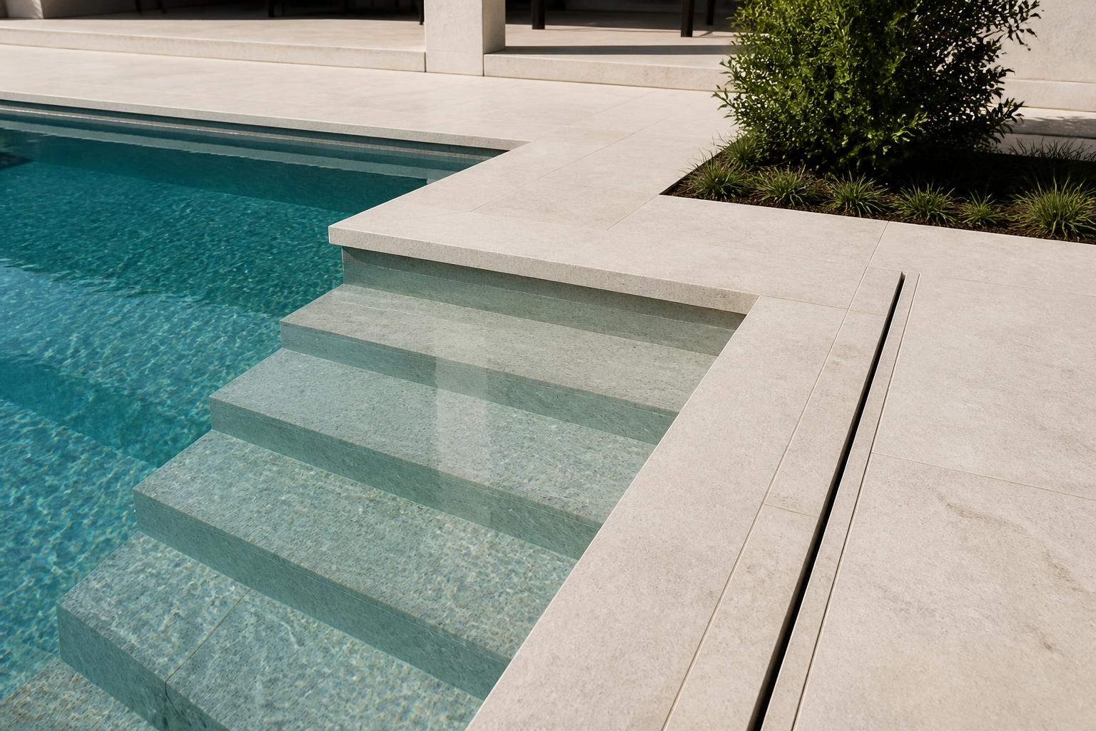 Illustrative design inspiration: ivory travertine pool decking with large-format coping, broad entry steps and precise drainage and construction lines