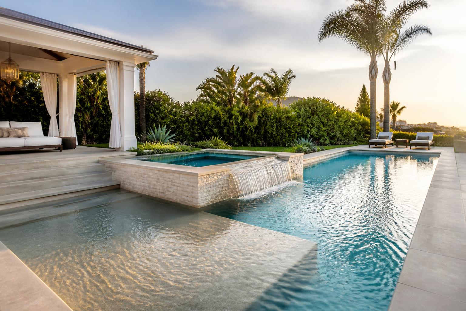 Illustrative design inspiration: coastal-contemporary pool with integrated raised spa and spillway, Baja shelf, pale stone patio and cabana in warm late-afternoon light