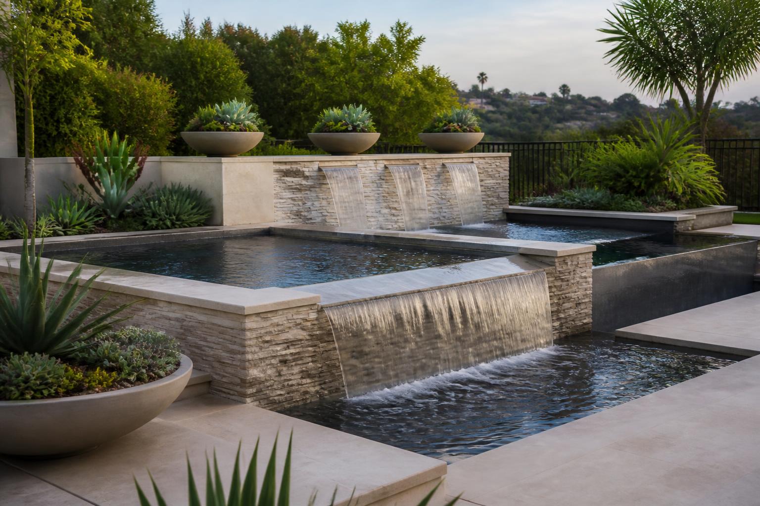 Illustrative design inspiration: raised spa with sheet spillway, restrained stone scuppers, subtle infinity edge and integrated planters